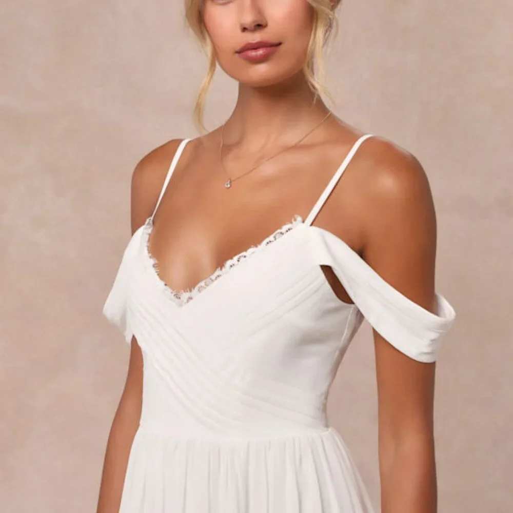 Lulus Marcelyn White Pleated Cold-shoulder Maxi Dress - Size XL - Picture 1 of 1